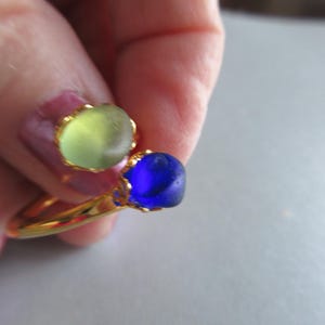 Blue and Seafoam Sea Glass - Double Ring - Adjustable Beach Glass Ring -Beach Glass Jewelry-Seafoam and Blue Ring - Authentic Sea Glass Gift