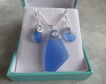 Cornflower Blue Seaglass-Genuine not fake Sea Glass Jewelry-Beach Glass Jewelry-Ocean Jewelry Gift-Light Blue Seaglass Gift Set