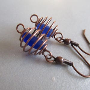 Genuine Sea Glass Jewelry - Copper Cage -Sea Glass Earrings - Beach Glass - Cobalt Blue Sea Glass from Prince Edward Island Gifts of the Sea