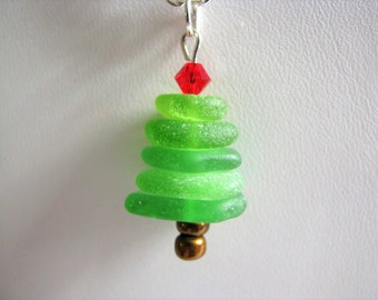 Genuine Beach Glass Necklace-Christmas Tree Pendant - Holiday Tree - Eco Friendly Necklace - Christmas Gift -Holiday Gift - Beach Glass Tree