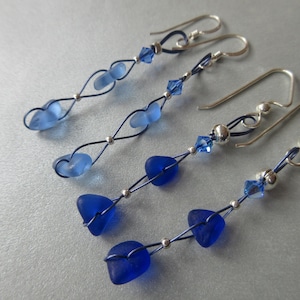 Beachglass, Handmade Jewelry, Long Dangle Earrings, Cobalt or Cornflower Blue Sea Glass Earrings- Prince Edward Island Ocean Jewelry Gifts