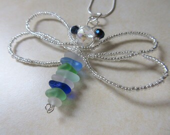 Dragonfly Sea Glass Necklace - Beach Glass Necklace - Beach Glass Jewelry- Ocean Jewelry-Woman Gift-Genuine Sea Glass from Prince Edward Is