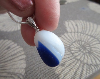 Rare Blue and White Davenport Seaglass Necklace - Beach Glass Necklace - Ocean Jewelry Gifts - Christmas Sea Glass Necklace -Statement Glass