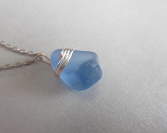 Statement Cornflower Blue Pendant with lip on Silver Wire-Beach Glass Pendant-Blue Sea Glass - Beach Glass Jewelry - Ocean Jewelry Gifts