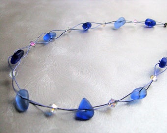 Sea Glass Jewelry -Cobalt and Cornflower Blue Choker Sea Glass Necklace - Beach Glass Necklace - Prince Edward Island Genuine Sea Glass