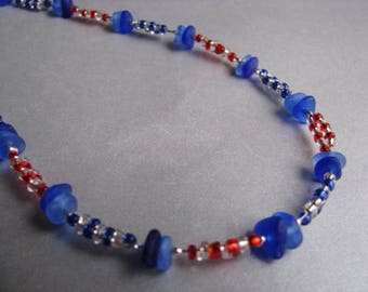July 4th Patriotic Red White and Blue Beach Glass Necklace-Cobalt Blue - Sea Glass Necklace - Rare Cornflower Blue - Beadwork Necklace