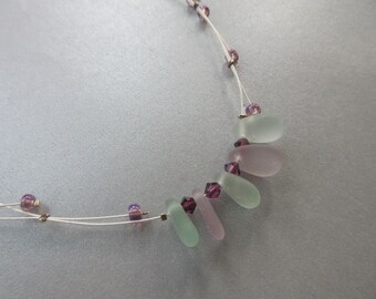 Sea Glass Whimsical Necklace - Seafoam and Amethyst Beach Glass Necklace - Seafoam and Amethyst Sea Glass - Delicate Pastel Necklace