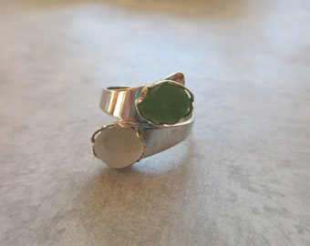 Mothers Day Double Ring -Sea Glass Amethyst and Green Ring - Beach Glass Ring - Holiday Cocktail Ring - Prince Edward Island Seaglass