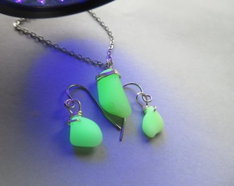 VERY RARE Jadeite - Small Vaseline Sea Glass Uranium Glass Necklace Set - Sea Glass Pendant and Earring Set- Ocean Jewelry Set