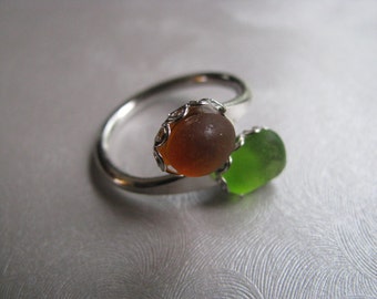 Sea Glass Ring - Holiday Ring Double Sea Glass Kelly Green and Brown Ring - Green Bay Packers Colors - Beach Glass Ring