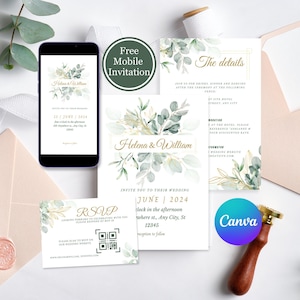 Set di inviti per matrimonio online Greenery, biglietto d'invito Eucalyptus, modello di invito Greenery Gold, biglietto RSVP per invito per matrimonio stampabile #ELVA