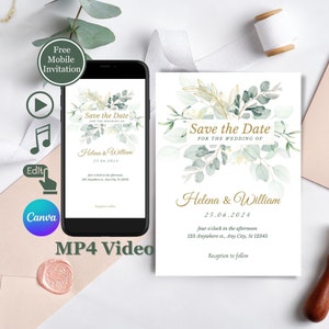 Plantilla de invitación en vídeo para guardar la fecha de boda imprimible electrónicamente Descargar tarjetas digitales editables Postal para guardar las fechas con vegetación y oro