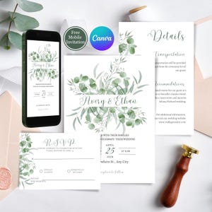 Set di inviti per matrimonio in bianco e verde, biglietto di invito RSVP in eucalipto, modello di invito moderno in verde, matrimonio primaverile personalizzato #SARA