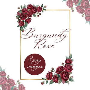 Roses bordeaux et cadre doré, clipart mariage fleur élégante, bordure florale aquarelle PNG, faire-part bricolage, téléchargement numérique