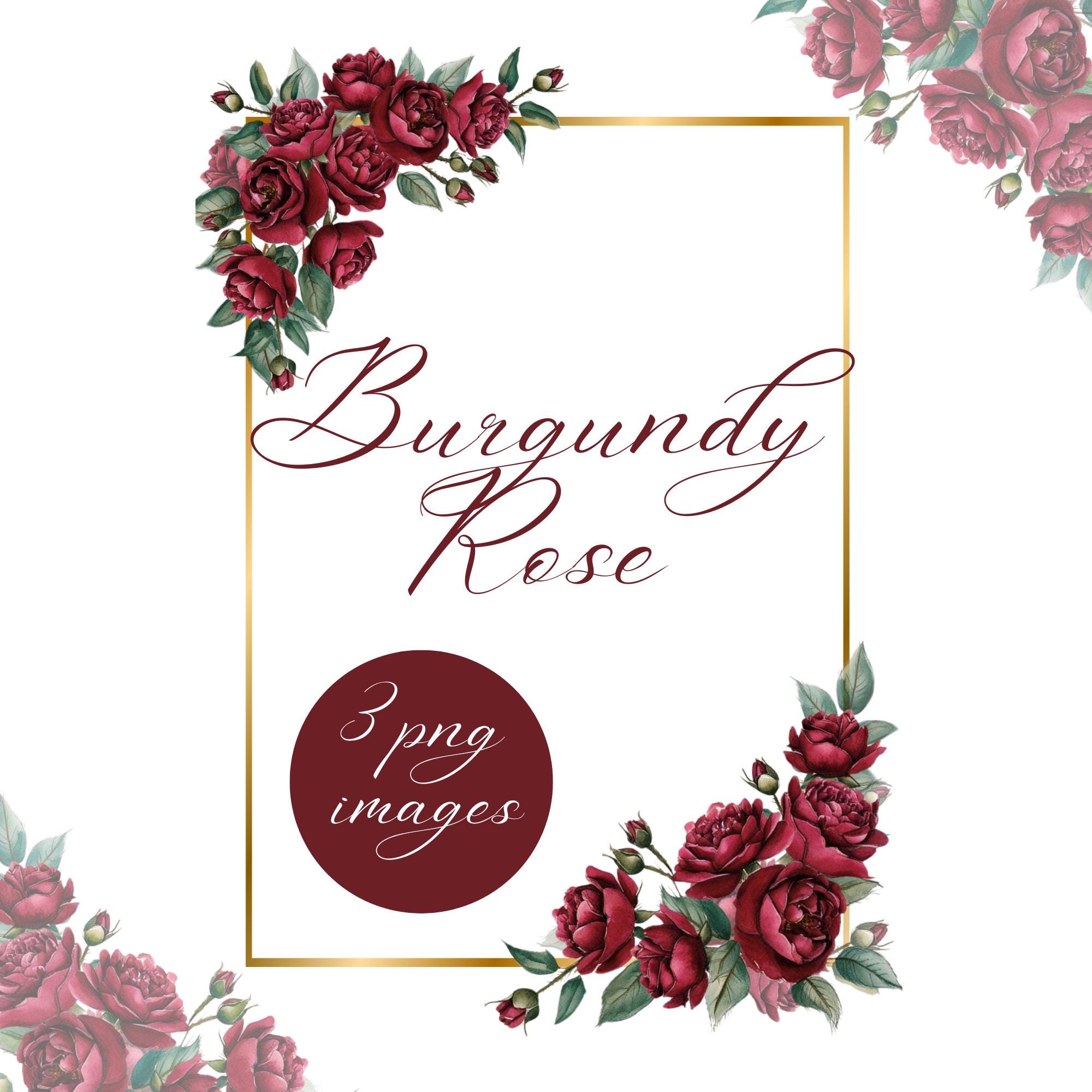 Burgundy Roses and Gold Frame Clipart, Elegant Flower Wedding Clipart, Watercolor Floral Border PNG, DIY Invitation, Digital Download