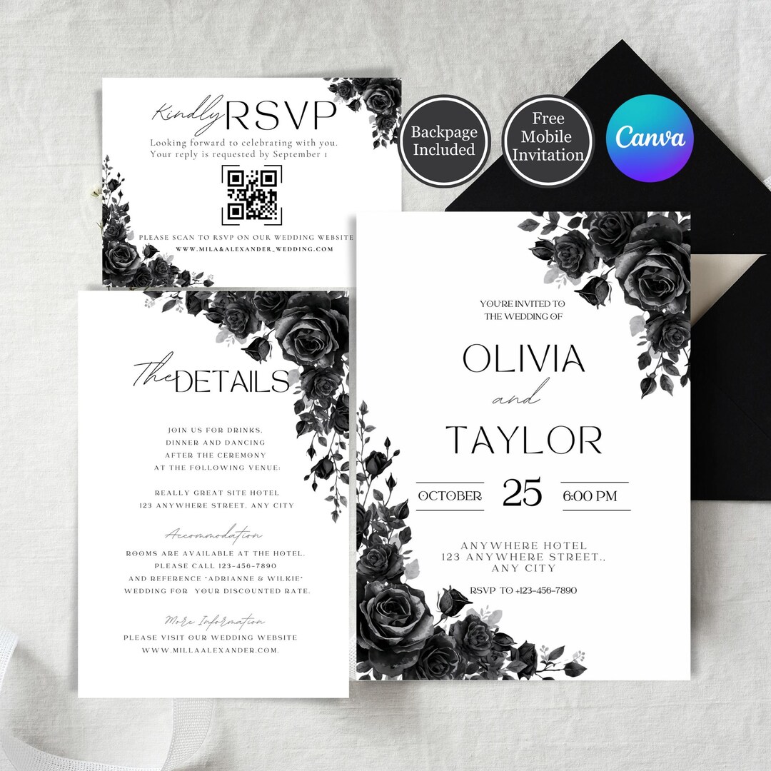 Black Roses Wedding Invitation Suite Template, Printable Gothic Invite
