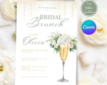 White Hydrangea Bridal Brunch Invitation: Champagne Floral Design (Digital Download)