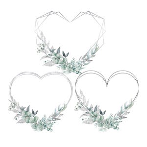Corona de eucalipto y corazón plateado, guirnalda de hojas PNG, marco de acuarela con vegetación, clipart de boda, invitación de bricolaje, descarga digital