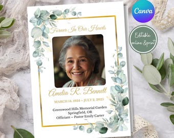 Eucalyptus Funeral Program Template: Greenery & Gold Celebration of Life (Digital Download)