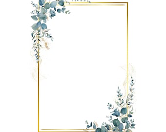 May include: A gold frame with a white background, decorated with blue and green eucalyptus leaves on each corner.