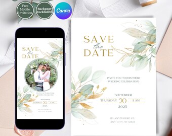 Può includere: Un biglietto di invito con un design ad acquerello di foglie verdi e dorate. Il testo "Save the Date" è in lettere dorate. La data è il 20 settembre 2025 alle 11:00. Il biglietto include anche l'indirizzo 123 Anywhere St, Any City, ST 12345.
