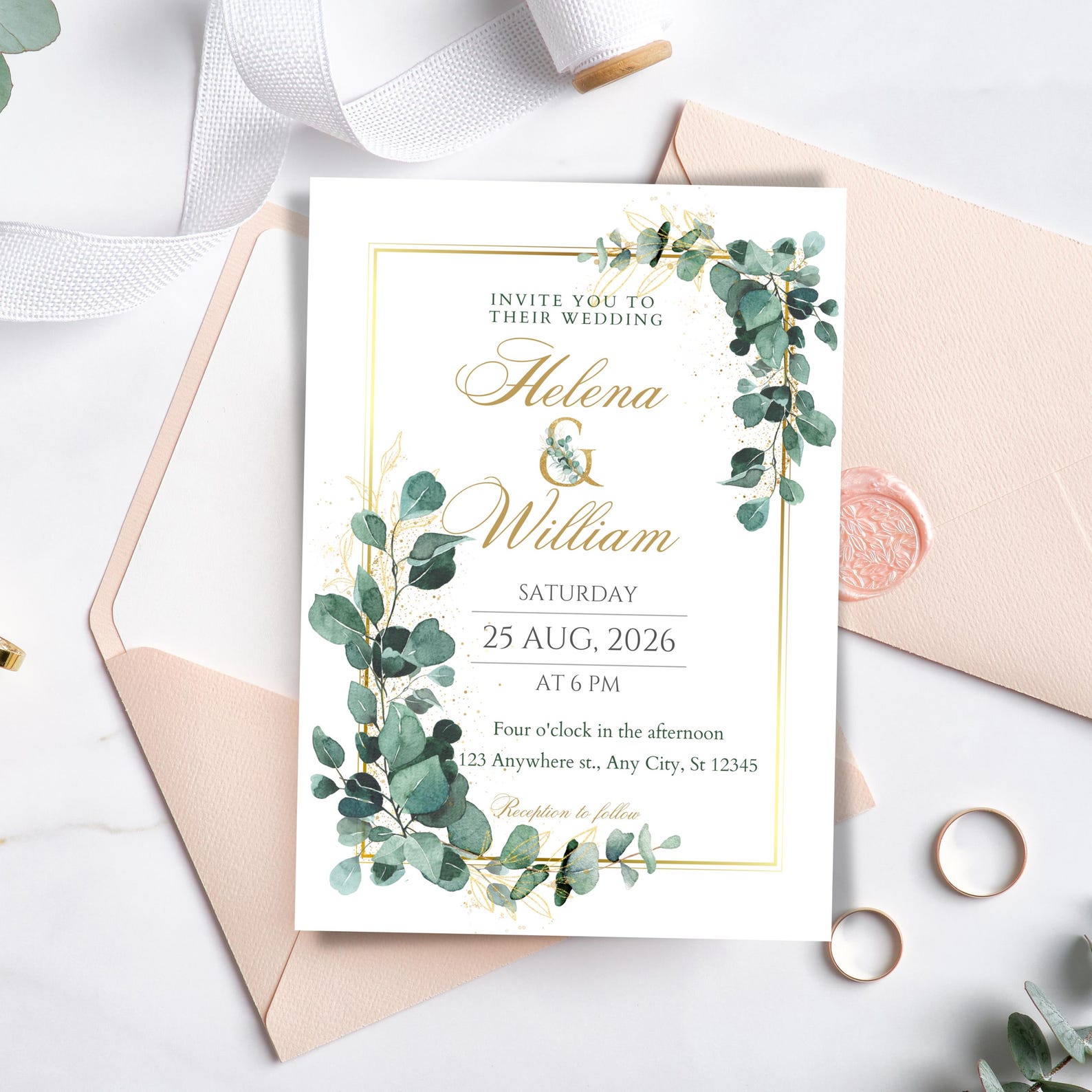 Eucalyptus and Greenery Watercolor Border, Gold Frame Clipart, Green ...
