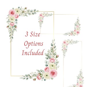 May include: Watercolor floral design with pink and cream roses, white flowers, and green leaves. The design is arranged in the corners of gold rectangular frames. Text reads "3 Size Options Included".