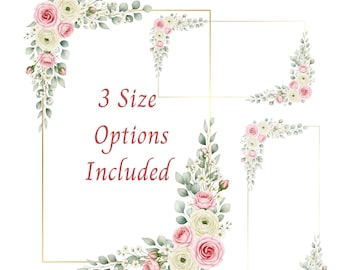 Watercolor Floral Clipart PNG: Pink Rose, Gold Frame, Eucalyptus Border