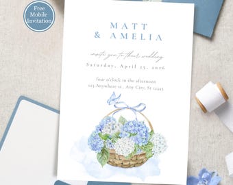 Blue Hydrangea Wedding Invitation Template: Elegant Floral Suite (Digital Download)