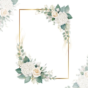 Weiße Hortensie und Creme Blumen Clipart, Aquarell Eukalyptus Grenze, Goldrahmen Rose Hochzeit Clipart PNG, DIY Einladung, digitaler Download