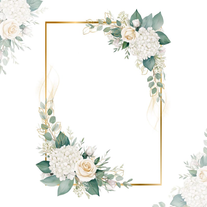White Hydrangea and Cream Floral Clipart, Watercolor Eucalyptus Border ...