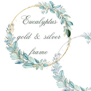 Blauwe eucalyptus en gouden krans clipart, zacht groen aquarel frame png, bladeren krans bruiloft clipart, DIY-uitnodiging, digitale download