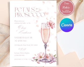Szablon zaproszenia na wieczór panieński z płatkami i prosecco, różowe pastelowe kwiaty i zaproszenie na brunch z szampanem prosecco, edytowalny wieczór panieński, pobierz