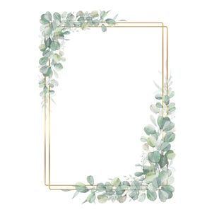 Eucalyptus et cadre doré, bordure aquarelle verdure, guirlande de feuilles vertes PNG, Clipart mariage, faire-part bricolage, téléchargement numérique