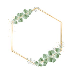 Clipart eucalyptus en gouden krans, groen aquarel frame, groene bladeren krans PNG, bruiloft clipart, DIY-uitnodiging, digitale download