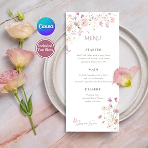 Modèle de Menu de mariage élégant, cartes de menu de Table de mariage de fleurs sauvages, conception de menu floral mignon modifiable, téléchargement menu du dîner imprimable #EMMA
