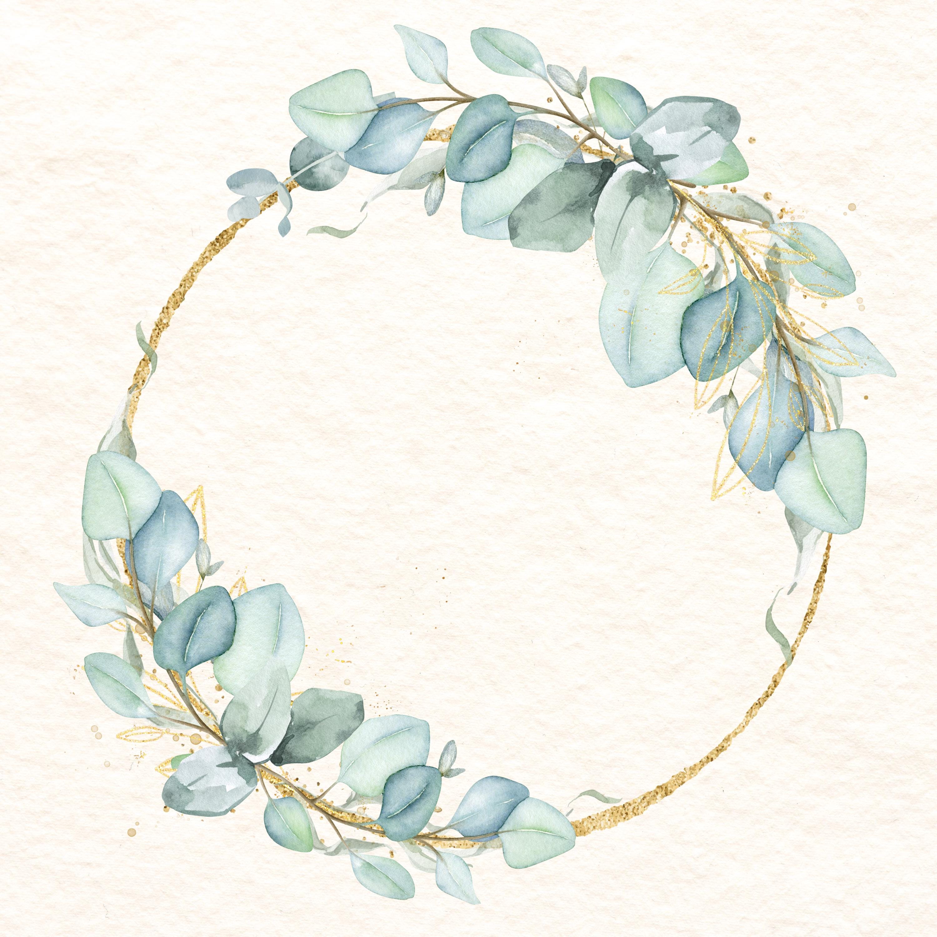 Eucalyptus Gold Wreath Clipart: Watercolor Greenery Frame (digital ...