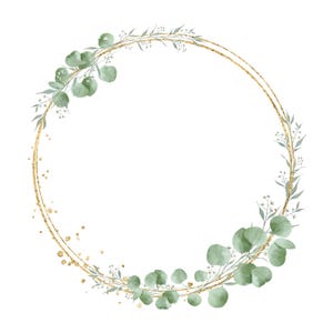 Eukalyptus und Gold Kranz Clipart, Aquarell Rahmen, grüne Blätter Kranz PNG, Hochzeit Clipart, DIY Einladung, digitaler Download