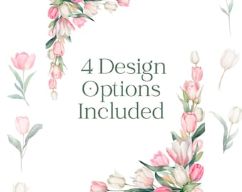 Clipart de tulipanes rosas en acuarela: Marco floral primaveral (Descarga digital)
