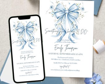 Something Blue Before I Do Bridal Shower Invitation Template, Kwiatowy drukowany niebieski kokarda wstążka Brunch Invite, DIY Edytowalne zaproszenia ślubne