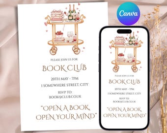 May include: A book club invitation featuring a gold bar cart illustration with books, gifts, and drinks. The invitation includes the text "Please join us for Book Club" with date, time, location, and RSVP information. The phrase "Open a book, open your mind" is also included.