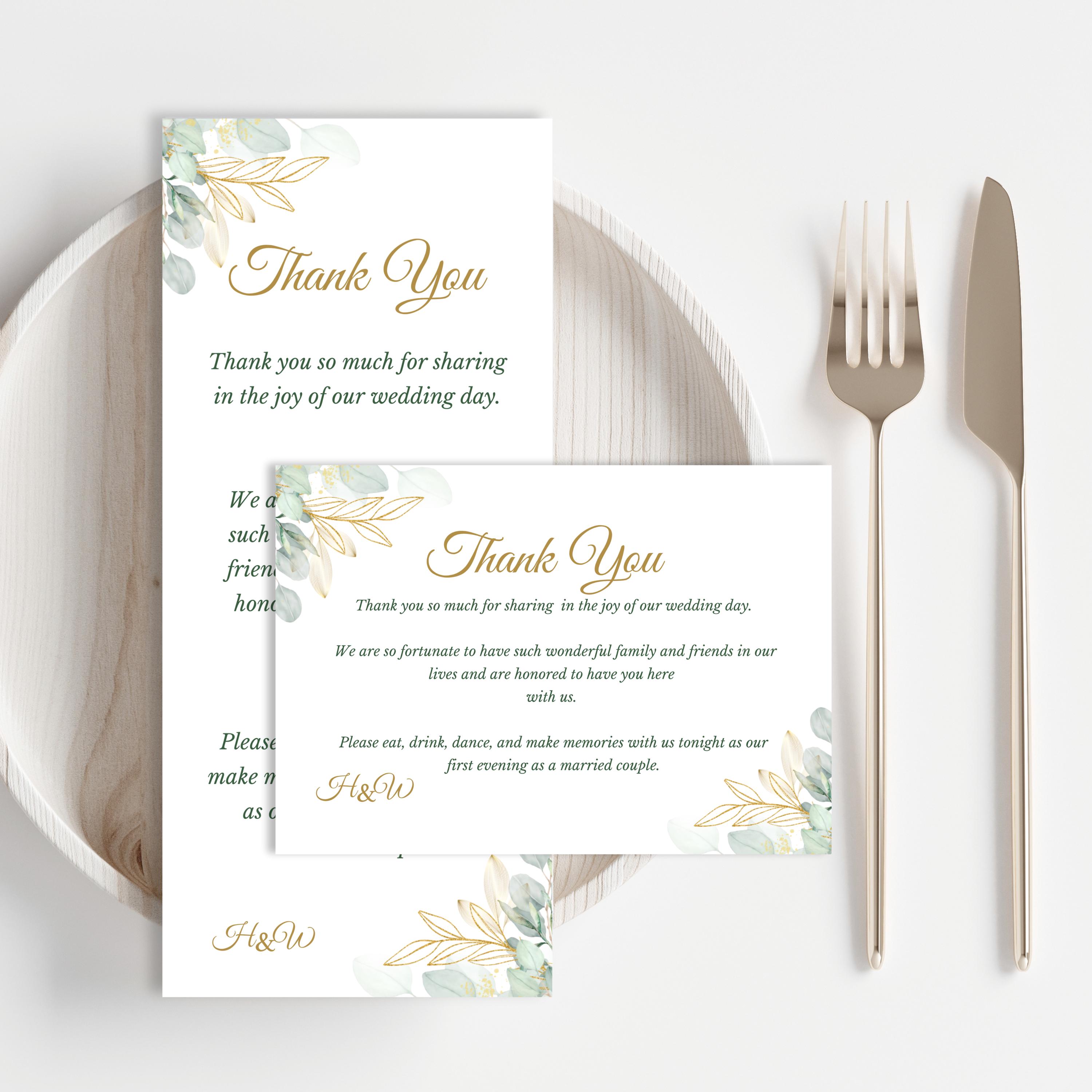 Greenery Gold Thank You Card Template, Eucalyptus Place Setting Thank Greenery Gold Thank You Card Template, Eucalyptus Place Setting Thank