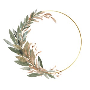 Clipart eucalyptus en gouden krans, herfstbladeren krans PNG, groen aquarel frame, bruiloft clipart, DIY-uitnodiging, digitale download