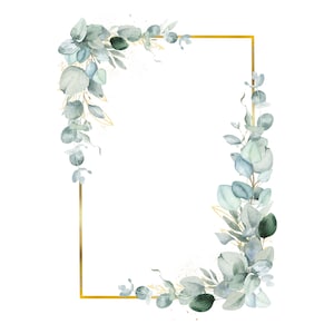 Eukalyptus und Goldrahmen Clipart, grüne Blattgirlande PNG, grüne Aquarellgrenze, Hochzeitscliparts, DIY Einladung, digitaler Download