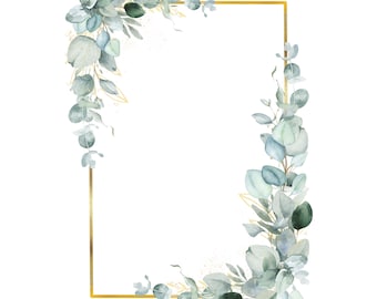 Eucalyptus and Gold Heart Wreath Clipart, Greenery Watercolor Frame ...