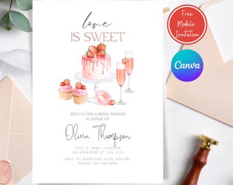 Miłość jest słodkim deserem Bridal Shower Invitation, edytowalny różowy szablon tortu dla panny młodej, słodkie truskawkowe zaproszenie DIY, cyfrowe pobieranie