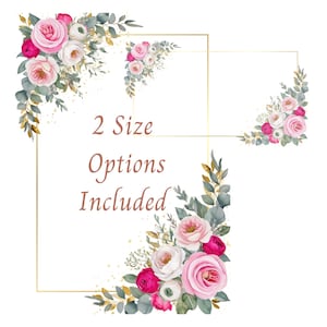 Marco floral de ranúnculo rosa – Clipart PNG de esquina de acuarela dorada, rosas rosa intenso y blancas con borde de invitación de boda romántica de eucalipto