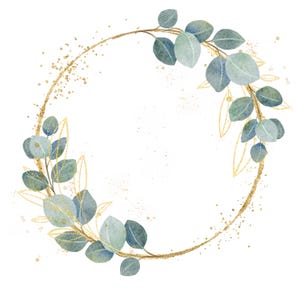 Eucalyptus et couronne d'or Clipart, Couronne de feuilles vertes PNG, cadre aquarelle verdure, Clipart mariage, faire-part bricolage, téléchargement numérique