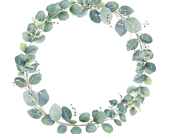 Eucalyptus Wreath Clipart, Green Leaves Border PNG, Greenery Watercolor Frame, Floral Wedding Clipart, DIY Invitation, Digital Download