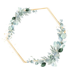 Clipart eucalyptus en gouden krans, groen aquarel frame, groene bladeren krans PNG, bruiloft clipart, DIY-uitnodiging, digitale download